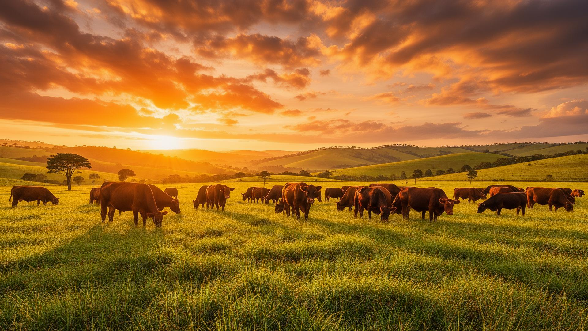 Campo com gado pastando ao pôr do sol